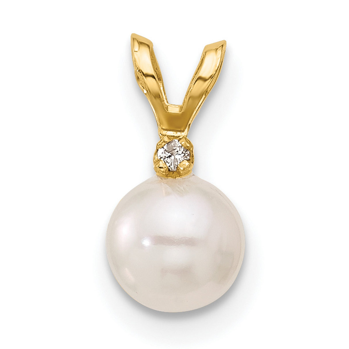 14k Yellow Gold Pendant with White Cultured Pearl and Diamond Accent, V-Shape Bail