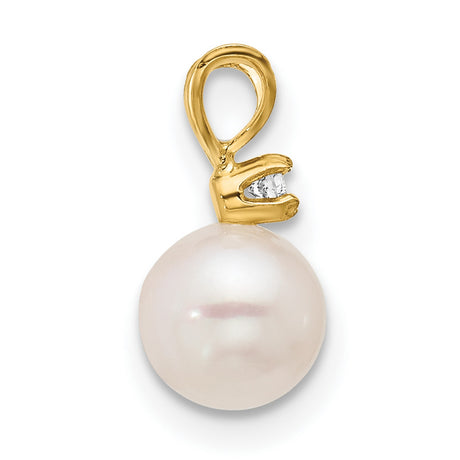 14k Yellow Gold Pendant with White Pearl and Diamond Accent, Classic Style for Women