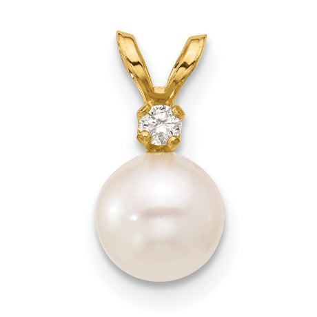 14k Yellow Gold Pendant with White Pearl and Diamond Accent, Classic Style for Women