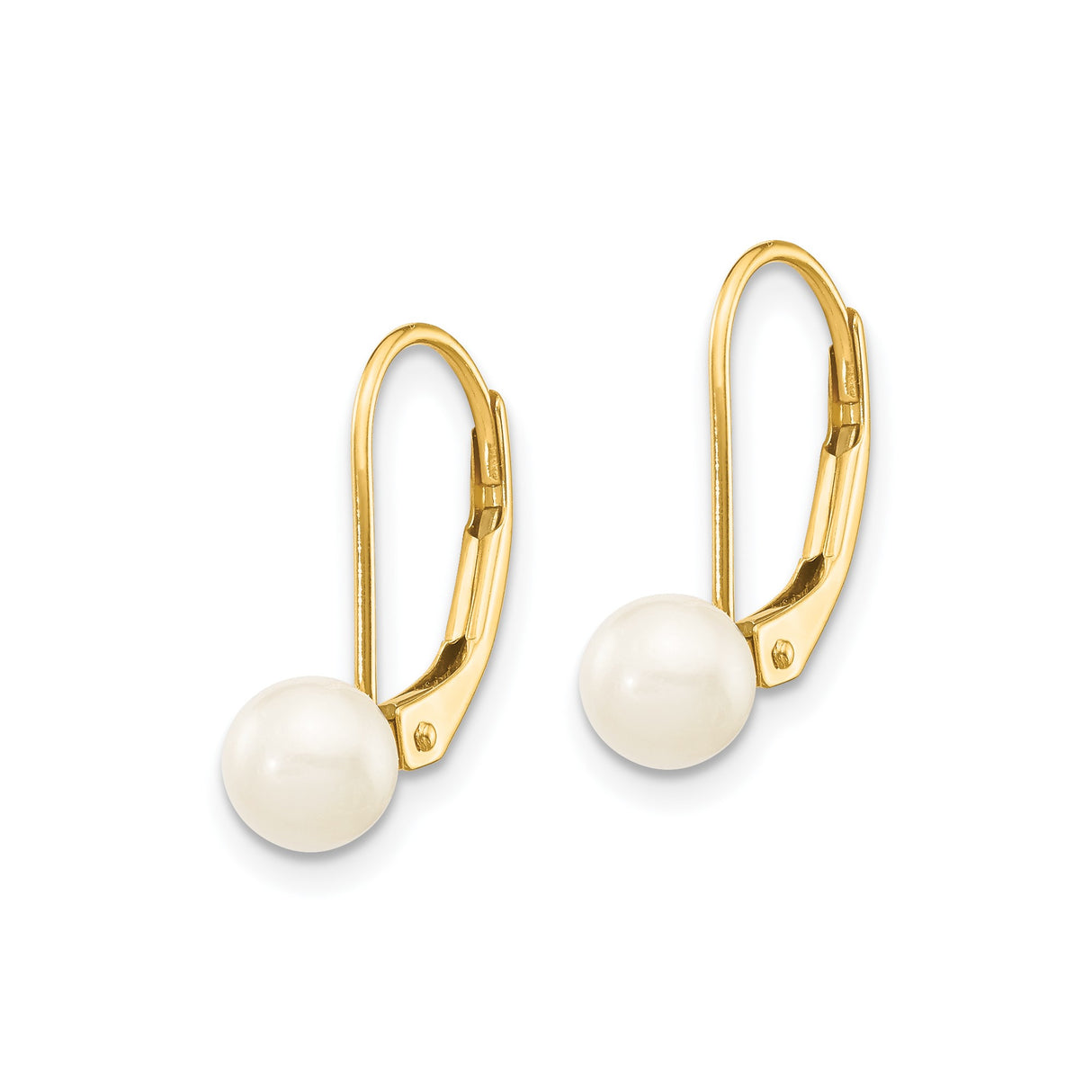 14k Yellow Gold Leverback Earrings with White Pearl Drops, Classic Round Pearl Design