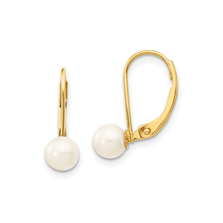 14k Yellow Gold Leverback Earrings with White Pearl Drops, Classic Round Pearl Design