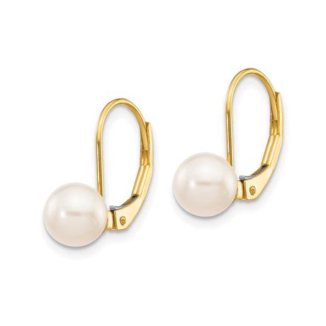 14k Yellow Gold Leverback Drop Earrings with White Cultured Pearls, Classic Minimal Design