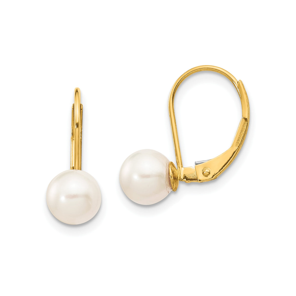 14k Yellow Gold Leverback Drop Earrings with White Cultured Pearls, Classic Minimal Design