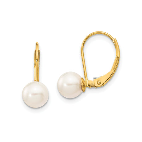 14k Yellow Gold Leverback Drop Earrings with White Cultured Pearls, Classic Minimal Design