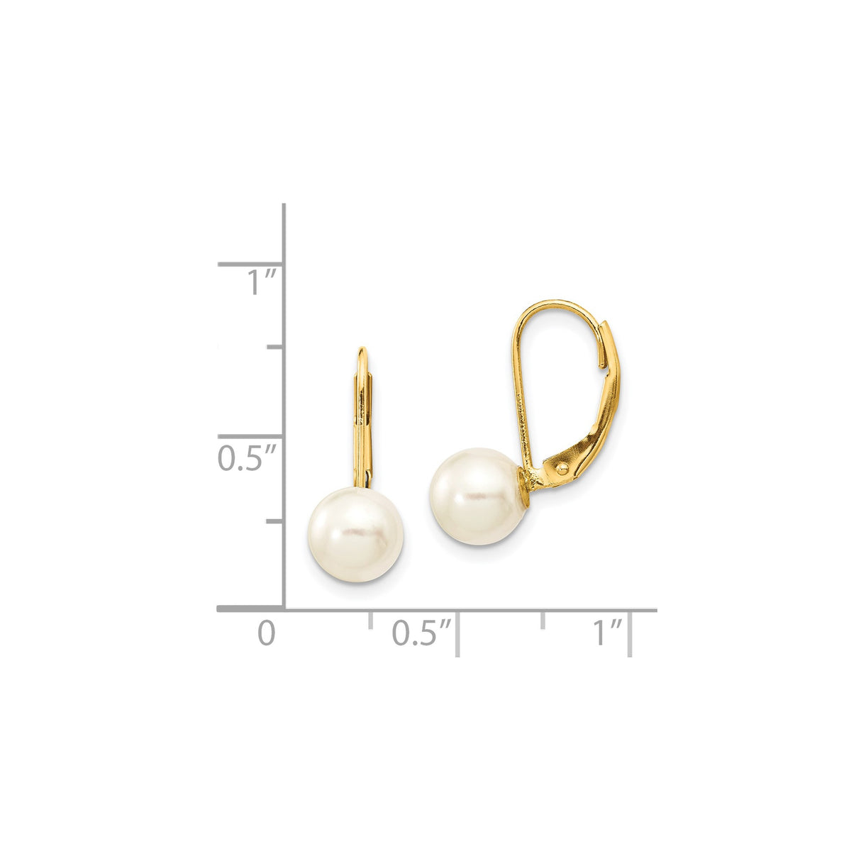 14k Yellow Gold Leverback Earrings with White Round Pearls, Classic Drop Style