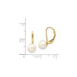 14k Yellow Gold Leverback Earrings with White Round Pearls, Classic Drop Style