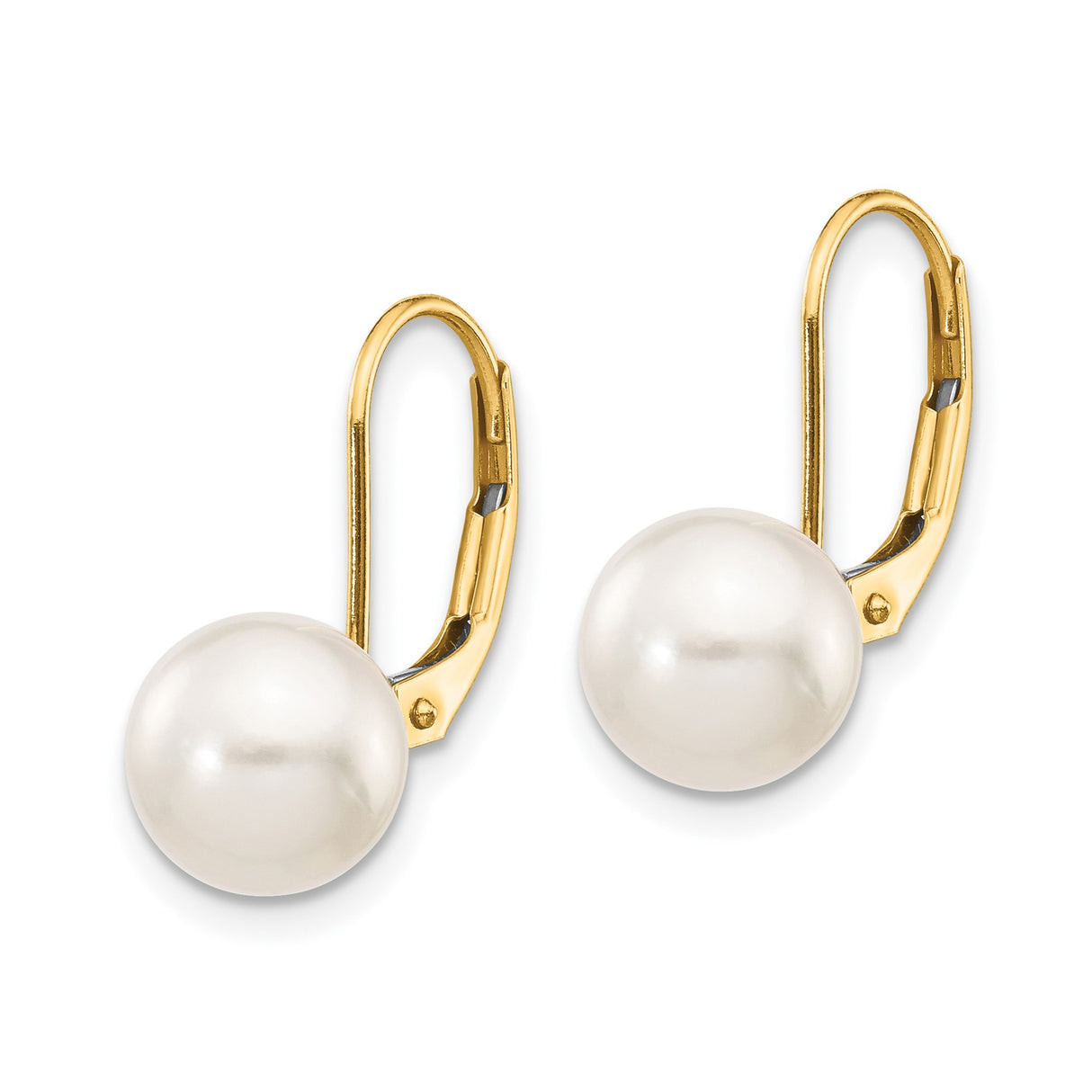 14k Yellow Gold Leverback Earrings with White Pearls, Classic Drop Design for Women
