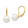 14k Yellow Gold Leverback Earrings with White Pearls, Classic Drop Design for Women