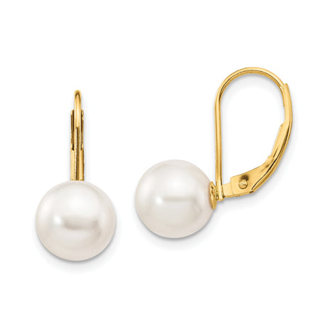 14k Yellow Gold Leverback Earrings with White Pearls, Classic Drop Design for Women