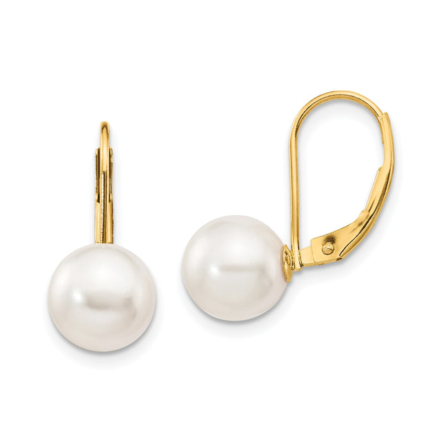 14k Yellow Gold Leverback Earrings with White Pearls, Classic Drop Design for Women
