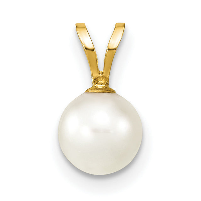 6-7mm White Round Akoya Saltwater Cultured Pearl Charm Pendant in Real 14k Yellow Gold
