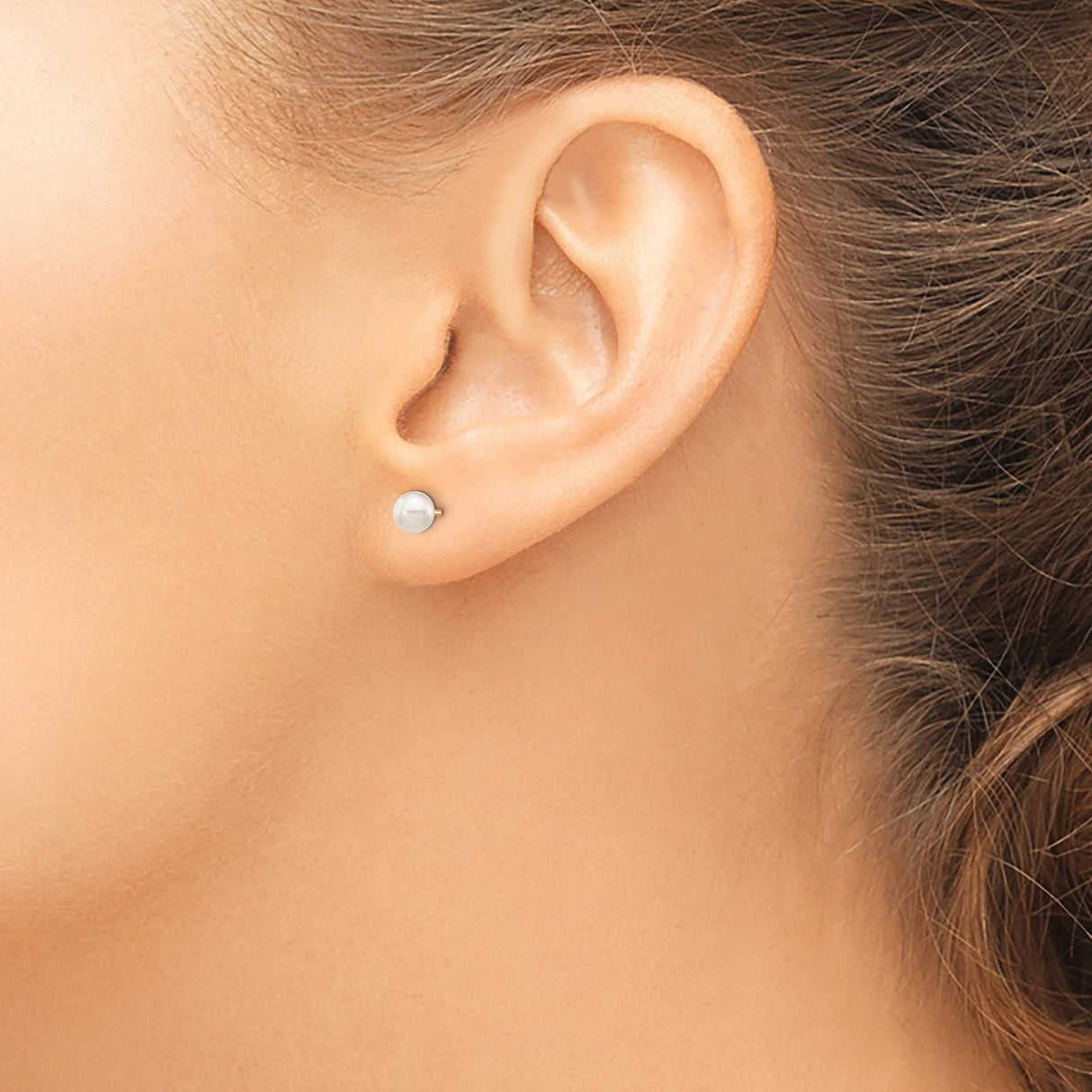 14k Yellow Gold Pearl Stud Earrings with Round White Cultured Pearls, Classic Design for Women