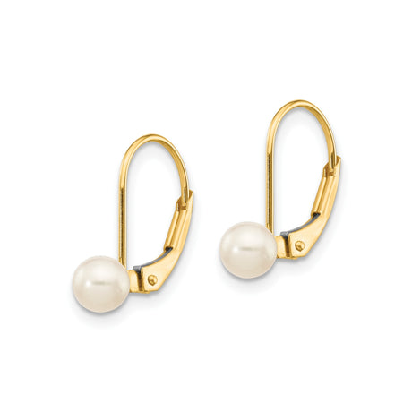 14k Yellow Gold Leverback Earrings with White Freshwater Pearls, Classic Dangle Design