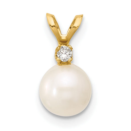 14k Yellow Gold Pendant with White Pearl and Diamond Accent, Classic Elegant Design