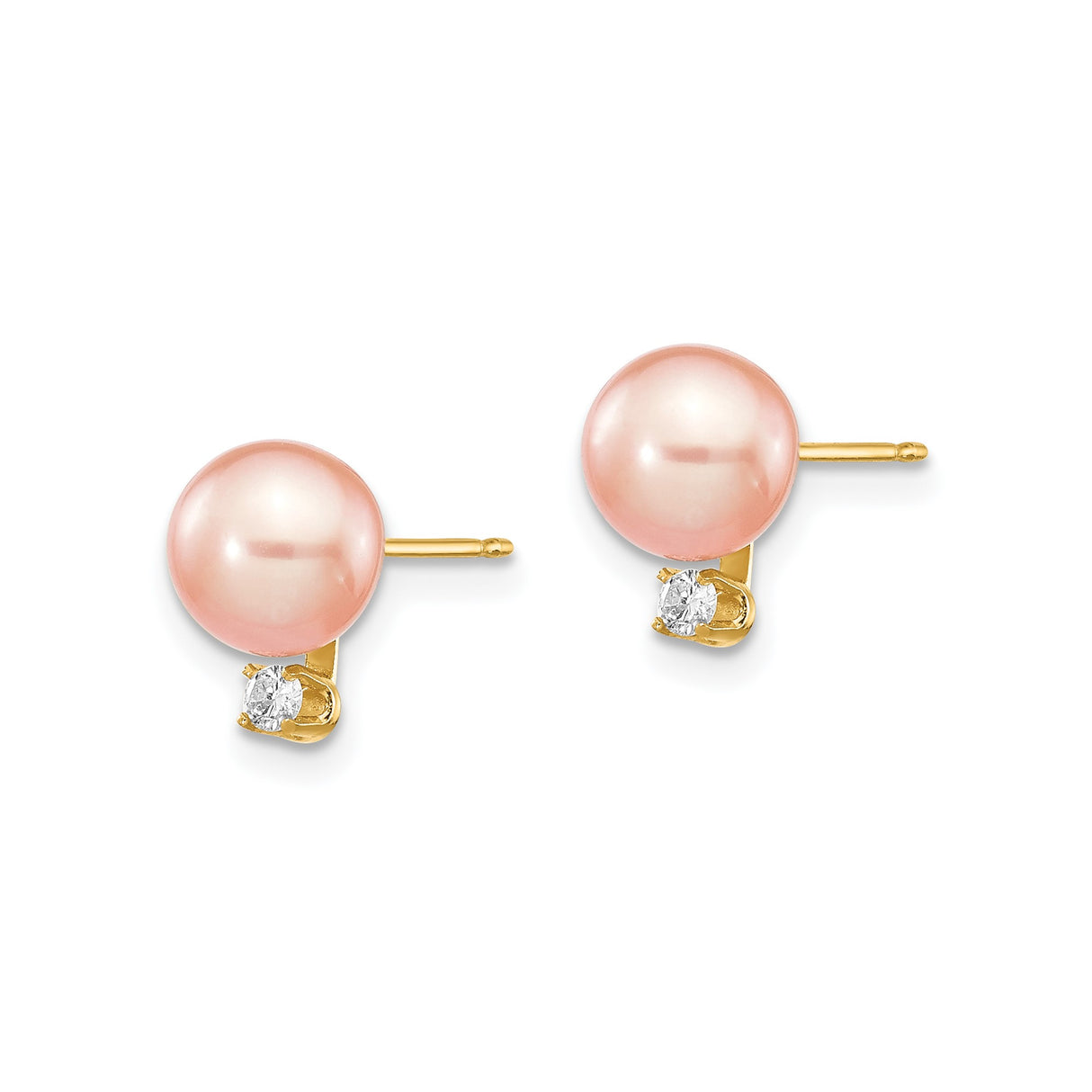 14k Yellow Gold Stud Earrings with Blush Pink Cultured Pearls and Cubic Zirconia Accent