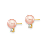 14k Yellow Gold Stud Earrings with Blush Pink Cultured Pearls and Cubic Zirconia Accent