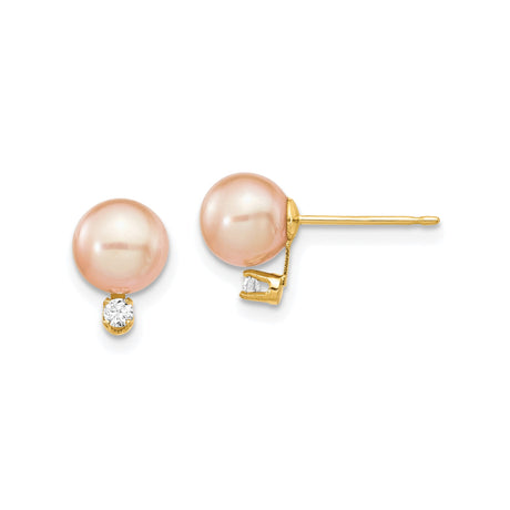 14k Yellow Gold Stud Earrings with Blush Pink Cultured Pearls and Cubic Zirconia Accent