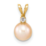 14k Yellow Gold Pendant with Cultured Pearl and Diamond, Elegant Bridal Jewelry for Women