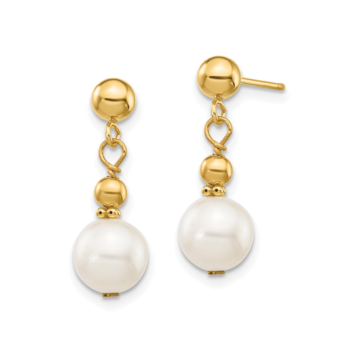 14k Yellow Gold Dangle Earrings with White Pearls and Polished Beads