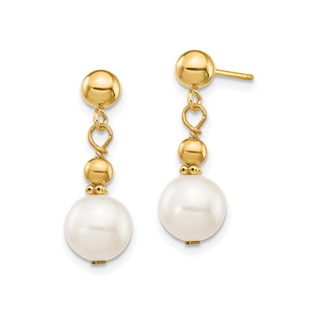 14k Yellow Gold Dangle Earrings with White Pearls and Polished Beads