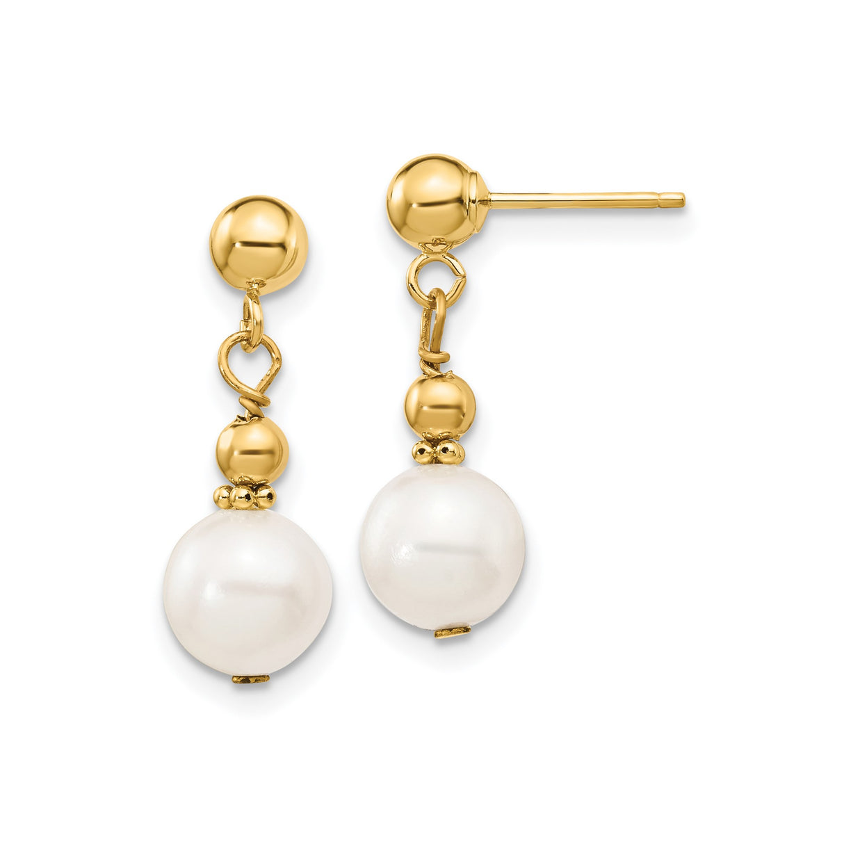 14k Yellow Gold Dangle Earrings with White Pearls and Polished Beads