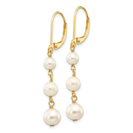 14k Yellow Gold Dangle Earrings with Freshwater Pearls, Linear Drop Leverback Style