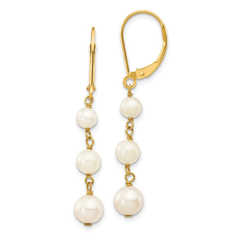 14k Yellow Gold Dangle Earrings with Freshwater Pearls, Linear Drop Leverback Style