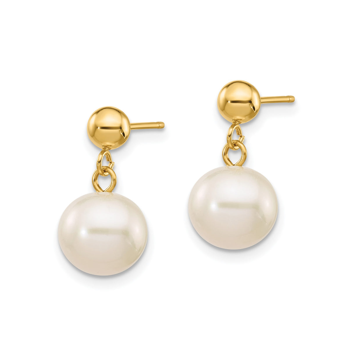 14k Yellow Gold Drop Earrings with White Cultured Pearls, Classic Dangle Design for Women
