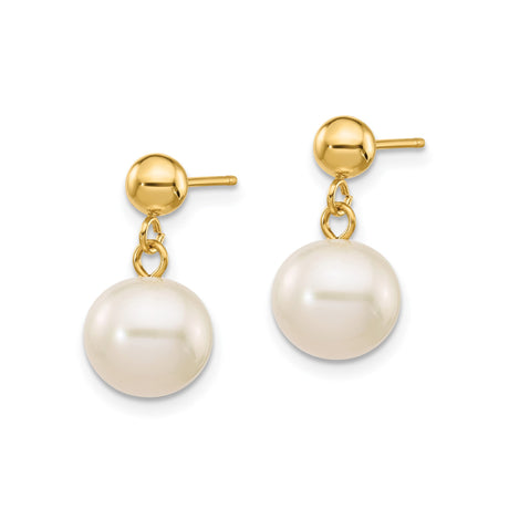 14k Yellow Gold Drop Earrings with White Cultured Pearls, Classic Dangle Design for Women
