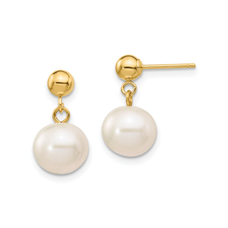 14k Yellow Gold Drop Earrings with White Cultured Pearls, Classic Dangle Design for Women