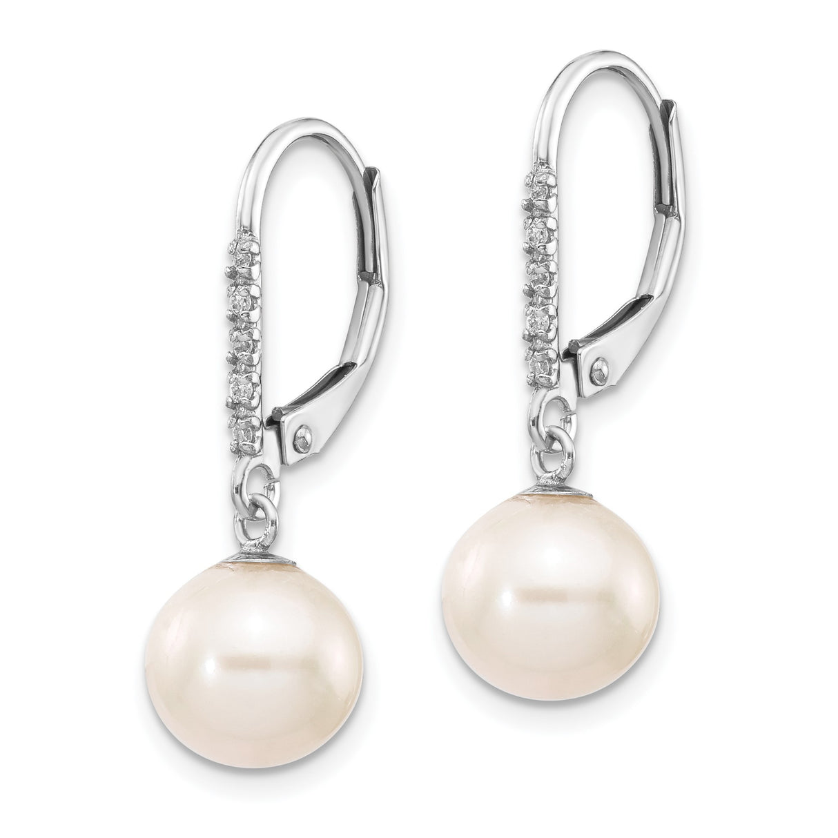 14k White Gold Drop Earrings with Cultured Pearls and Diamond Accents, Leverback Design