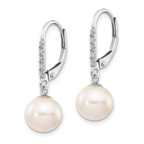14k White Gold Drop Earrings with Cultured Pearls and Diamond Accents, Leverback Design
