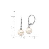 14k White Gold Drop Earrings with Cultured Pearls and Diamond Accents, Leverback Design