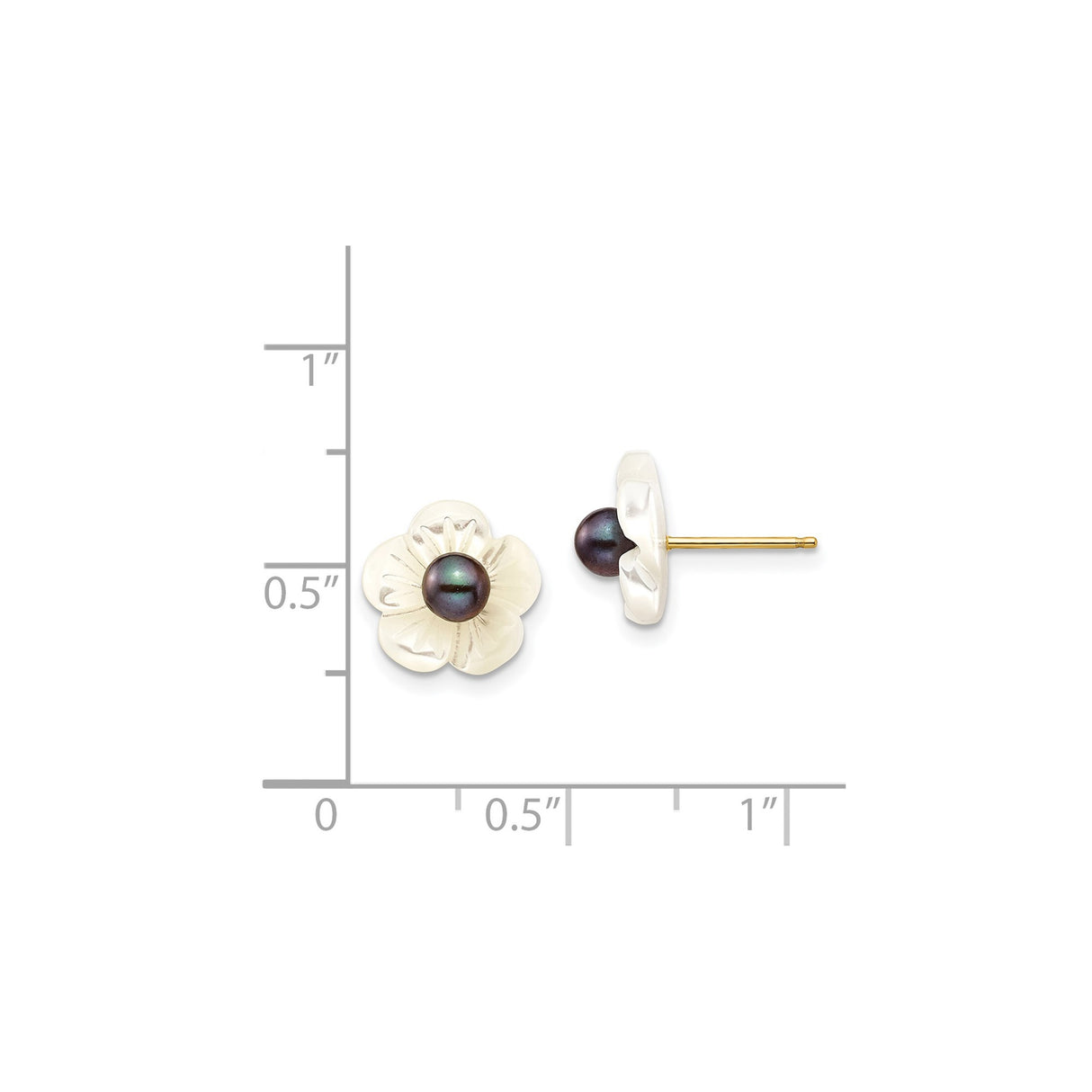 14k Yellow Gold Floral Stud Earrings with Black Pearl and Carved Mother of Pearl Flower