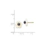 14k Yellow Gold Floral Stud Earrings with Black Pearl and Carved Mother of Pearl Flower