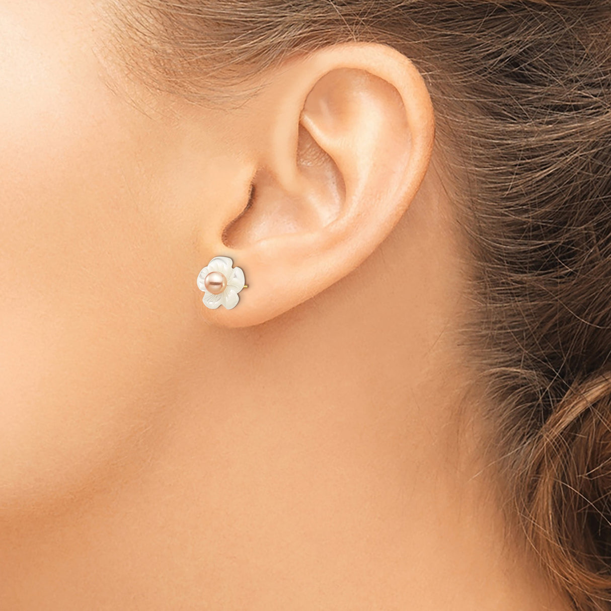 14k Yellow Gold Stud Earrings with Carved Mother of Pearl Flowers and Pink Cultured Pearls