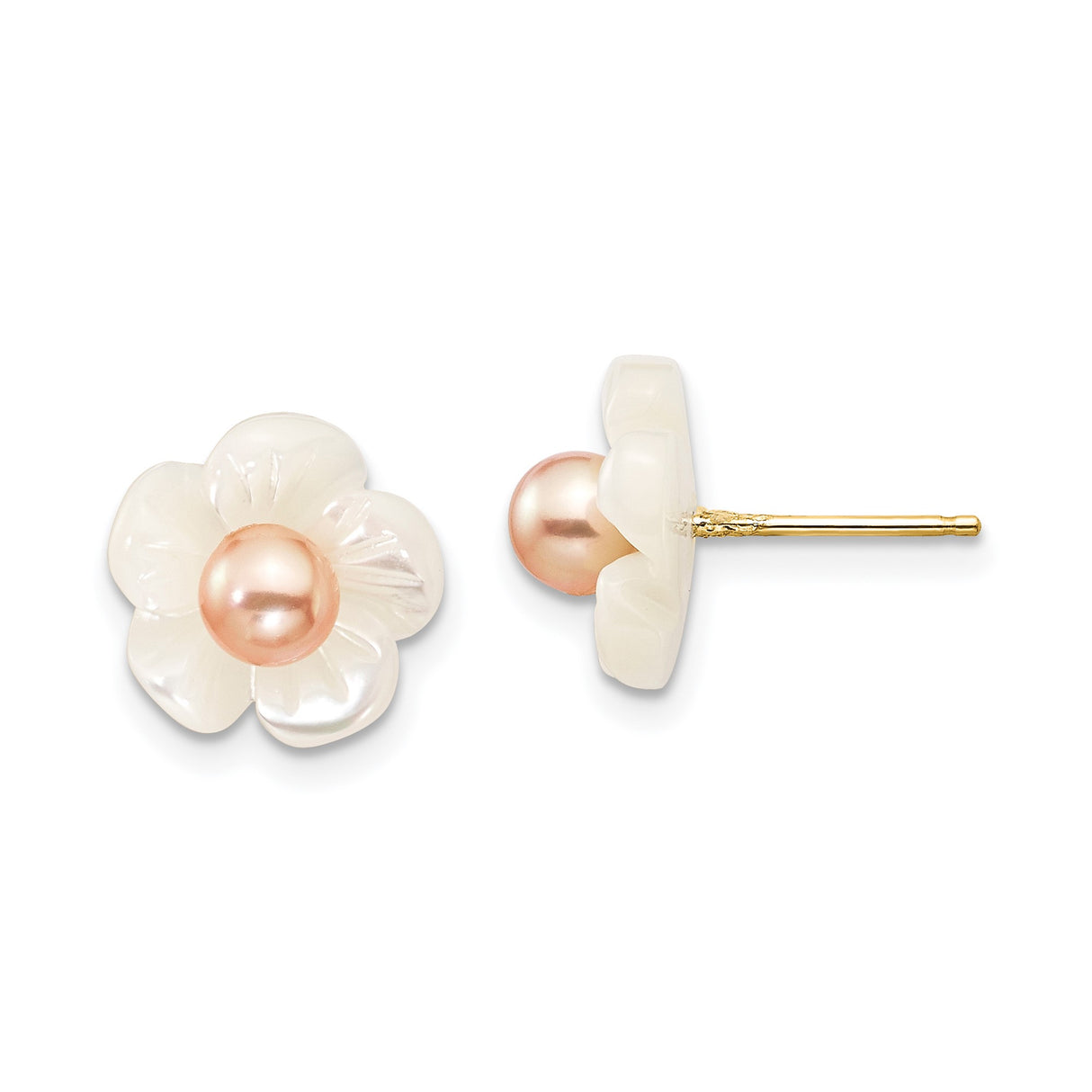 14k Yellow Gold Stud Earrings with Carved Mother of Pearl Flowers and Pink Cultured Pearls