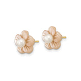 14k Yellow Gold Stud Earrings with Pearl Center and Carved Pink Floral Design