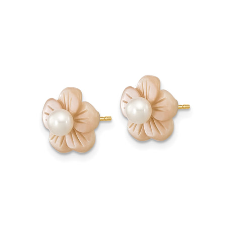 14k Yellow Gold Stud Earrings with Pearl Center and Carved Pink Floral Design