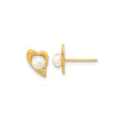 14k Yellow Gold Heart Stud Earrings with White Pearl Center, Open Heart Design