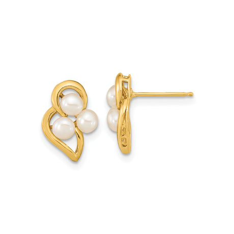 14k Yellow Gold Heart Stud Earrings with White Freshwater Pearls, Romantic Cluster Design