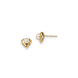 14k Yellow Gold Heart Stud Earrings with White Pearl Center, Open Heart Design