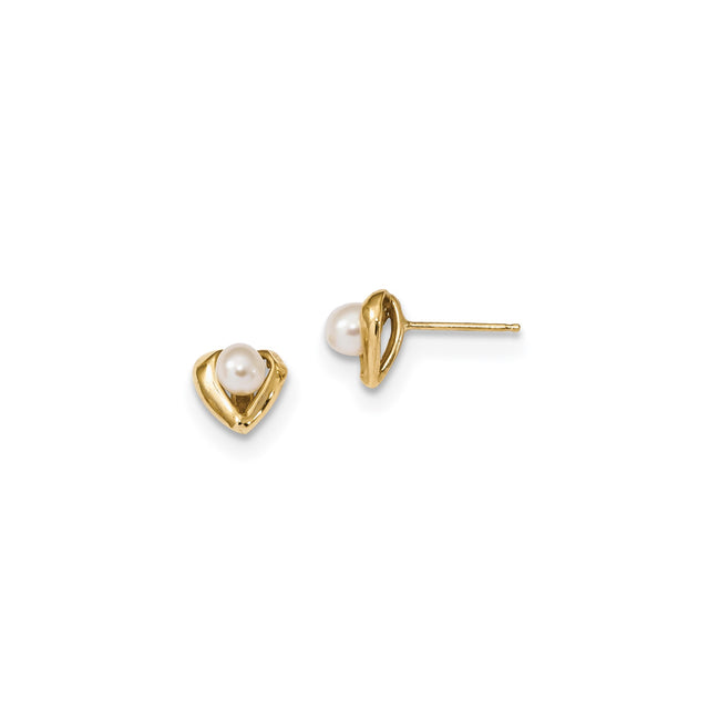 14k Yellow Gold Heart Stud Earrings with White Pearl Center, Open Heart Design