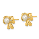 14k Yellow Gold Bow Stud Earrings with Cultured White Pearl, Classic Feminine Design