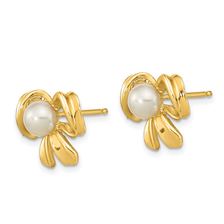 14k Yellow Gold Bow Stud Earrings with Cultured White Pearl, Classic Feminine Design