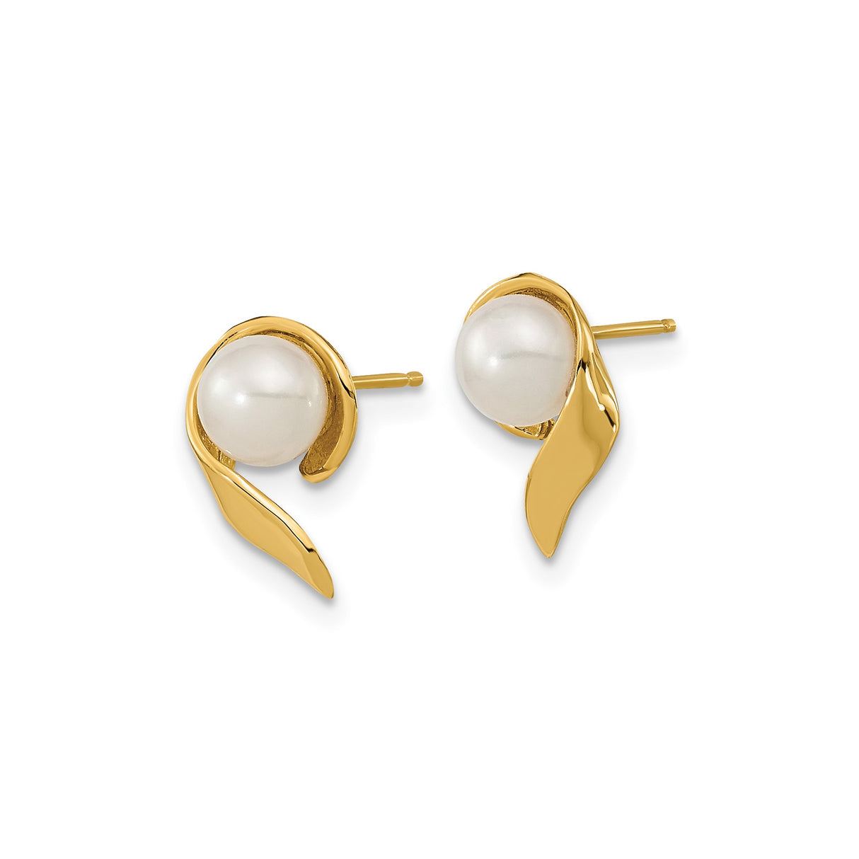 14k Yellow Gold Pearl Stud Earrings with Leaf Wrap Design, Modern Minimalist Style