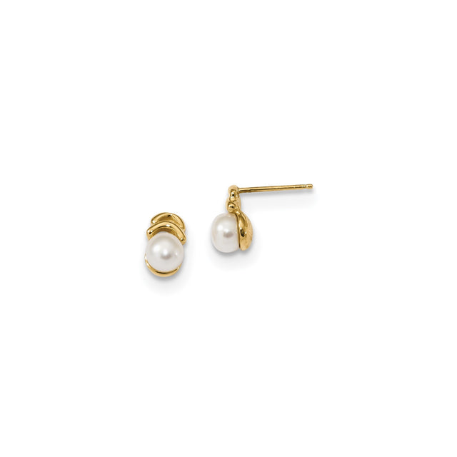 14k Yellow Gold Stud Earrings with White Cultured Pearls, Abstract Wrap Design