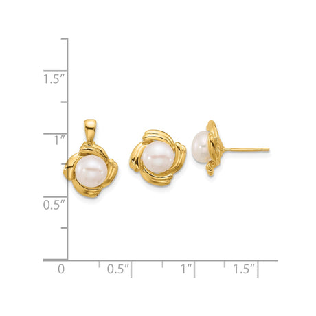 6-7mm White Freshwater Cultured Pearl Earrings Charm Pendant in Real 14k Yellow Gold