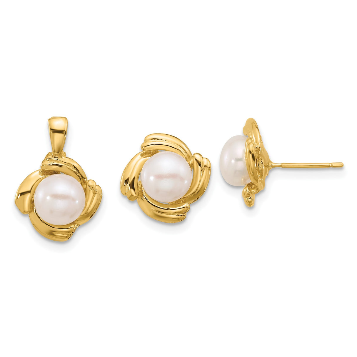 6-7mm White Freshwater Cultured Pearl Earrings Charm Pendant in Real 14k Yellow Gold