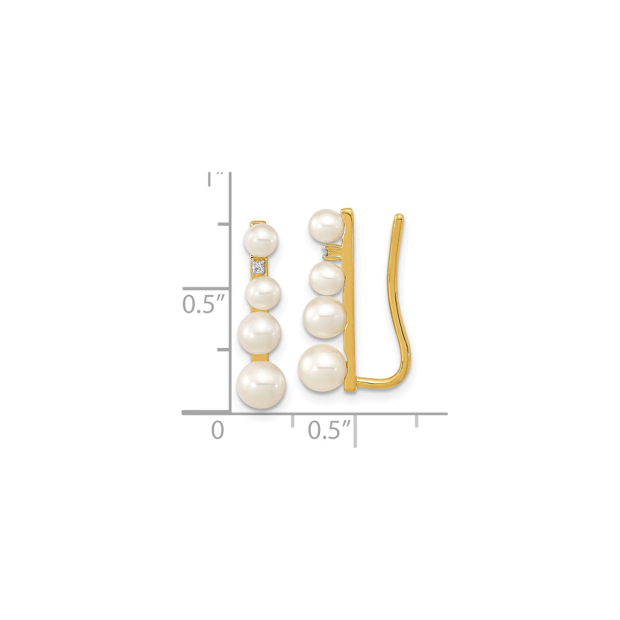 14k Yellow Gold Ear Climber Earrings with Cultured Pearls and Diamond Accent, Graduated Crawler Design